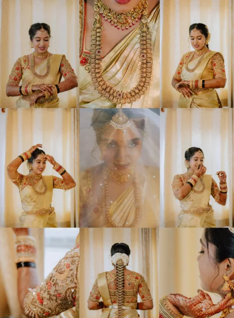 Nine photos of a bride getting ready in a cream silk saree and gold jewellery: bangles, necklaces, a veil and a jasmine-wrapped braid